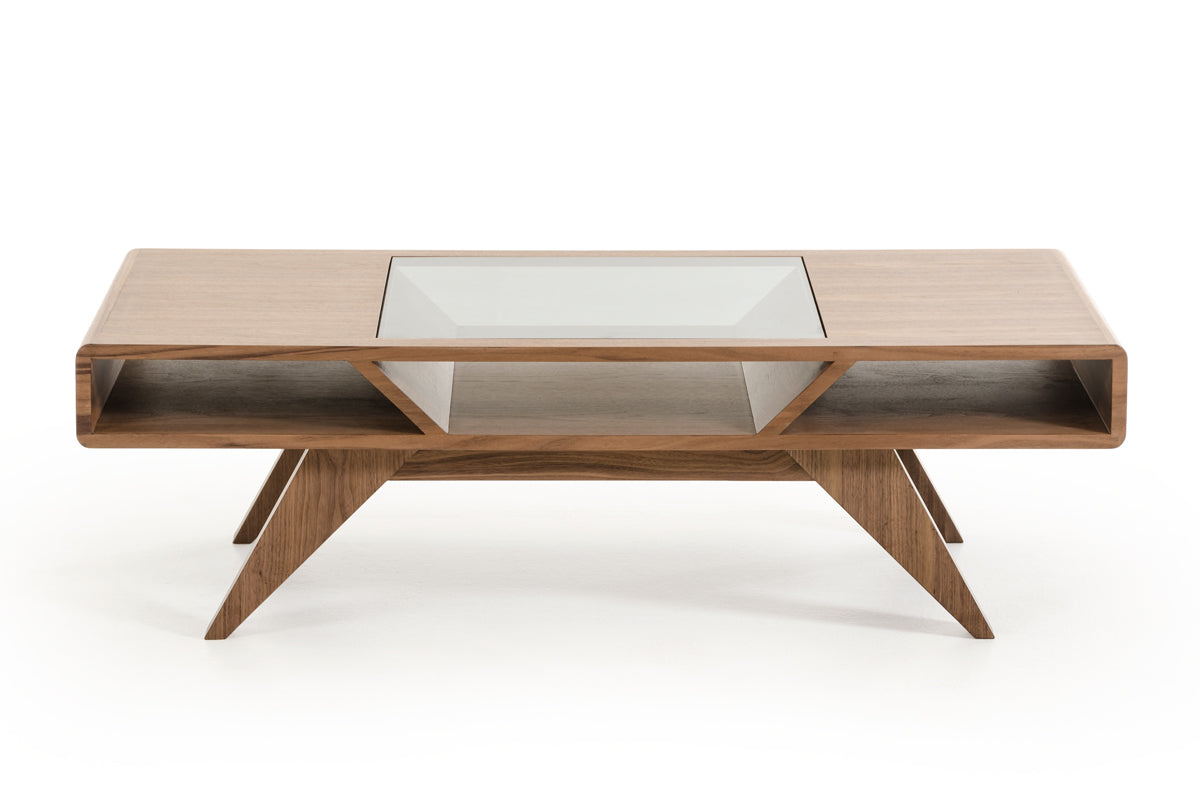 15" Walnut Wood  Veneer  and Glass Coffee Table