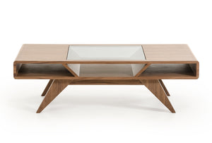 15" Walnut Wood  Veneer  and Glass Coffee Table