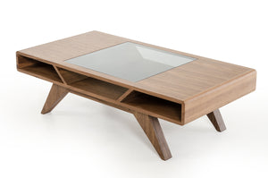 15" Walnut Wood  Veneer  and Glass Coffee Table