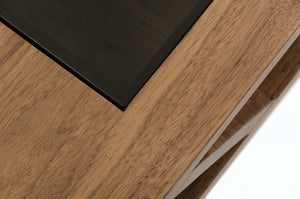 15" Walnut Wood  Veneer  and Glass Coffee Table