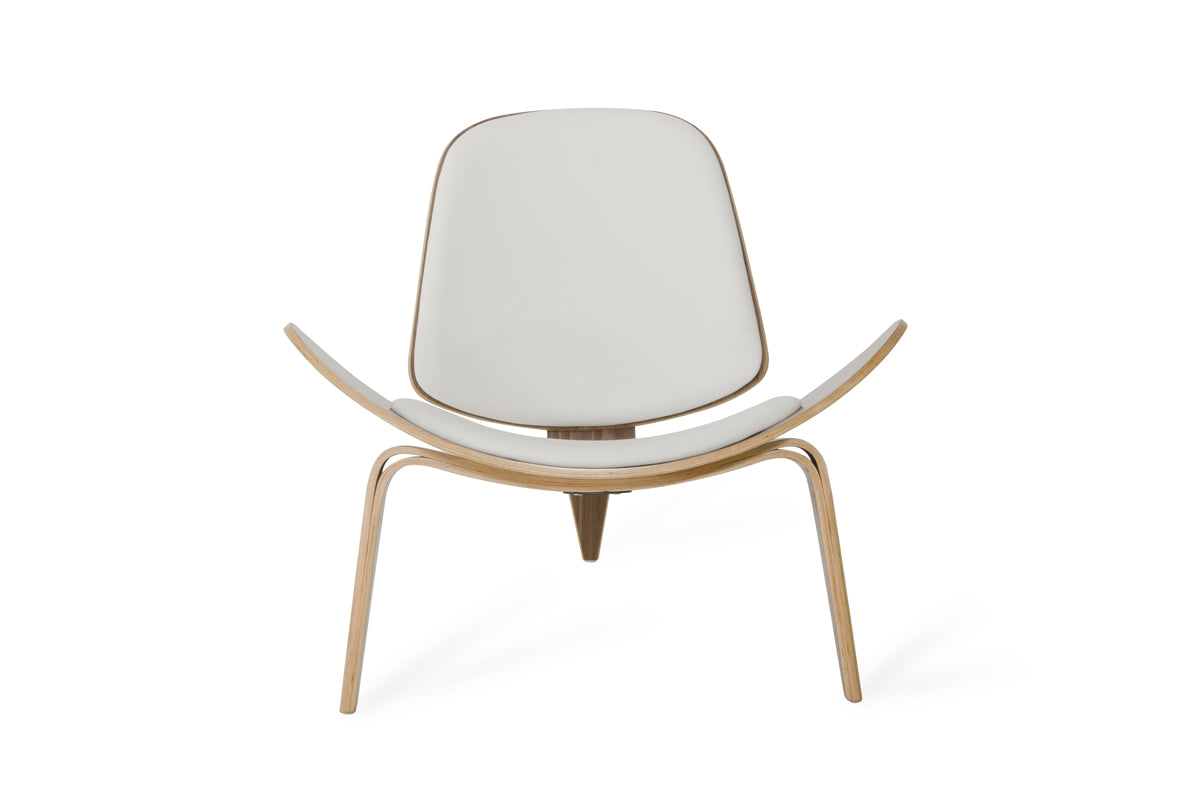 30" Walnut Wood and White Leather Accent Chair