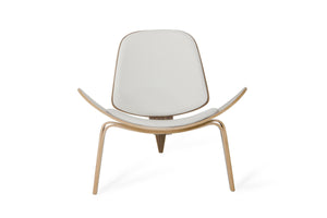 30" Walnut Wood and White Leather Accent Chair