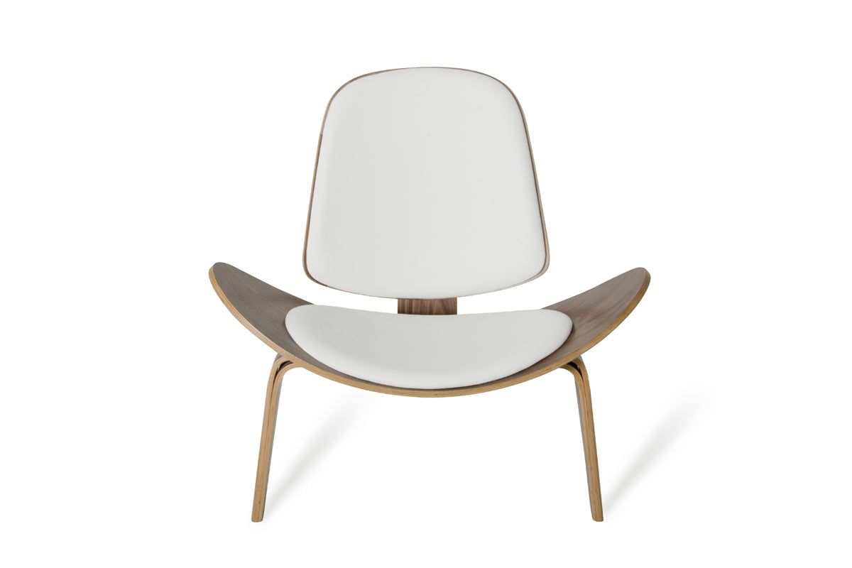 30" Walnut Wood and White Leather Accent Chair