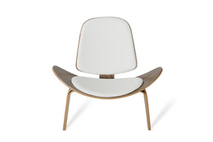 30" Walnut Wood and White Leather Accent Chair