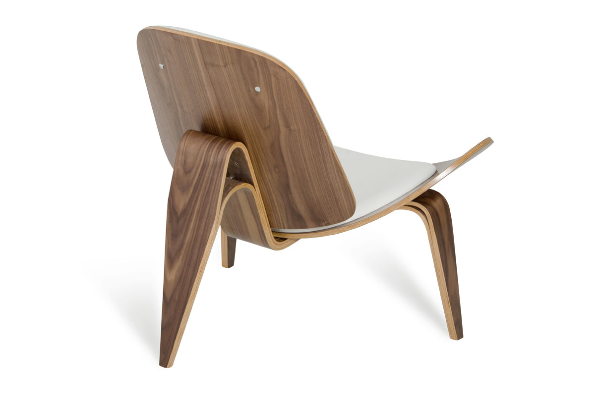 30" Walnut Wood and White Leather Accent Chair