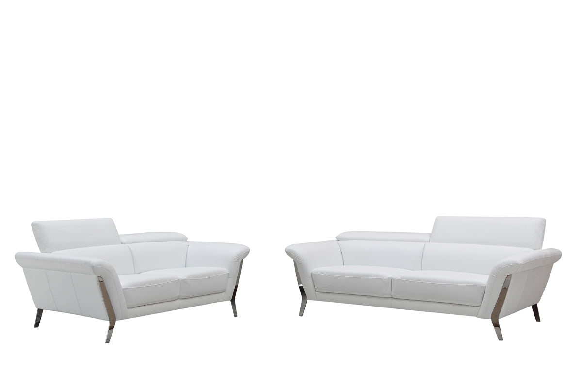 48" White Leather and Steel Sofa Set