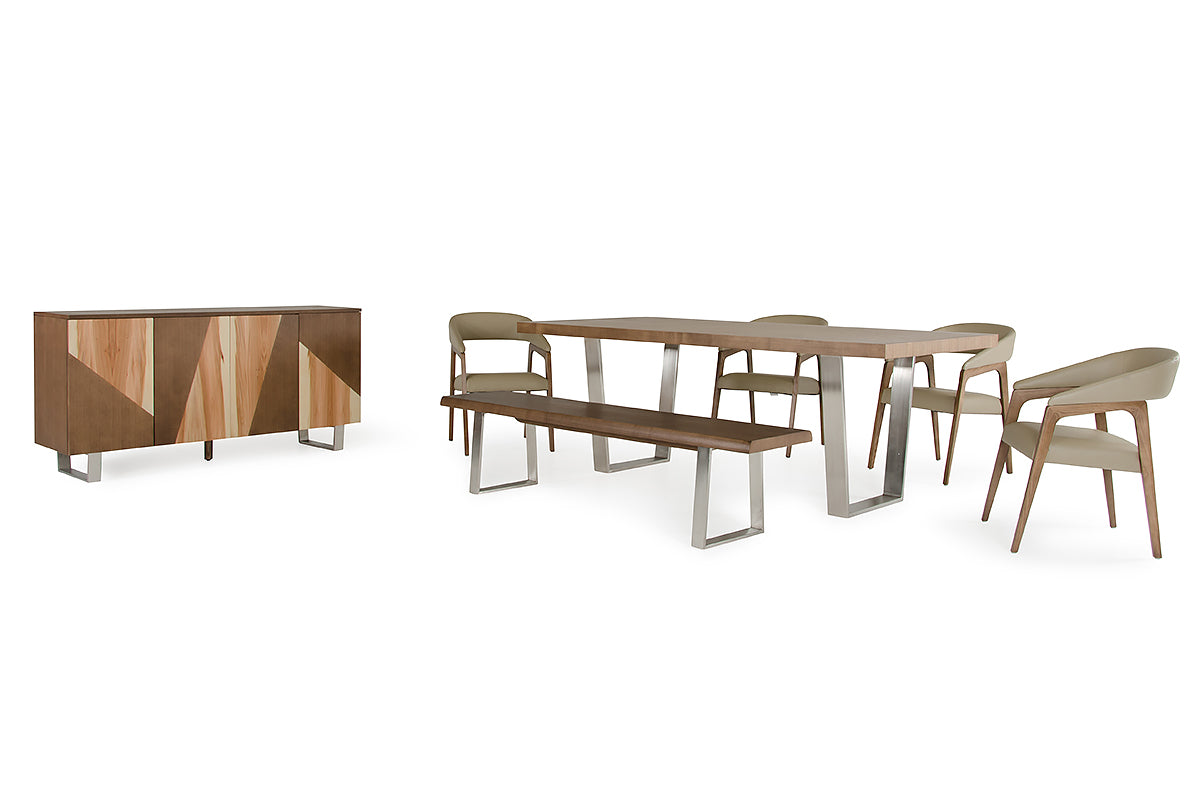 30" Walnut Wood, Leather and Steel Dining Set