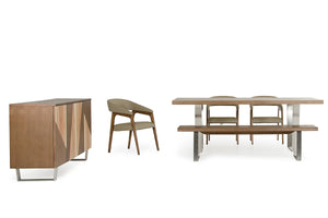 30" Walnut Wood, Leather and Steel Dining Set