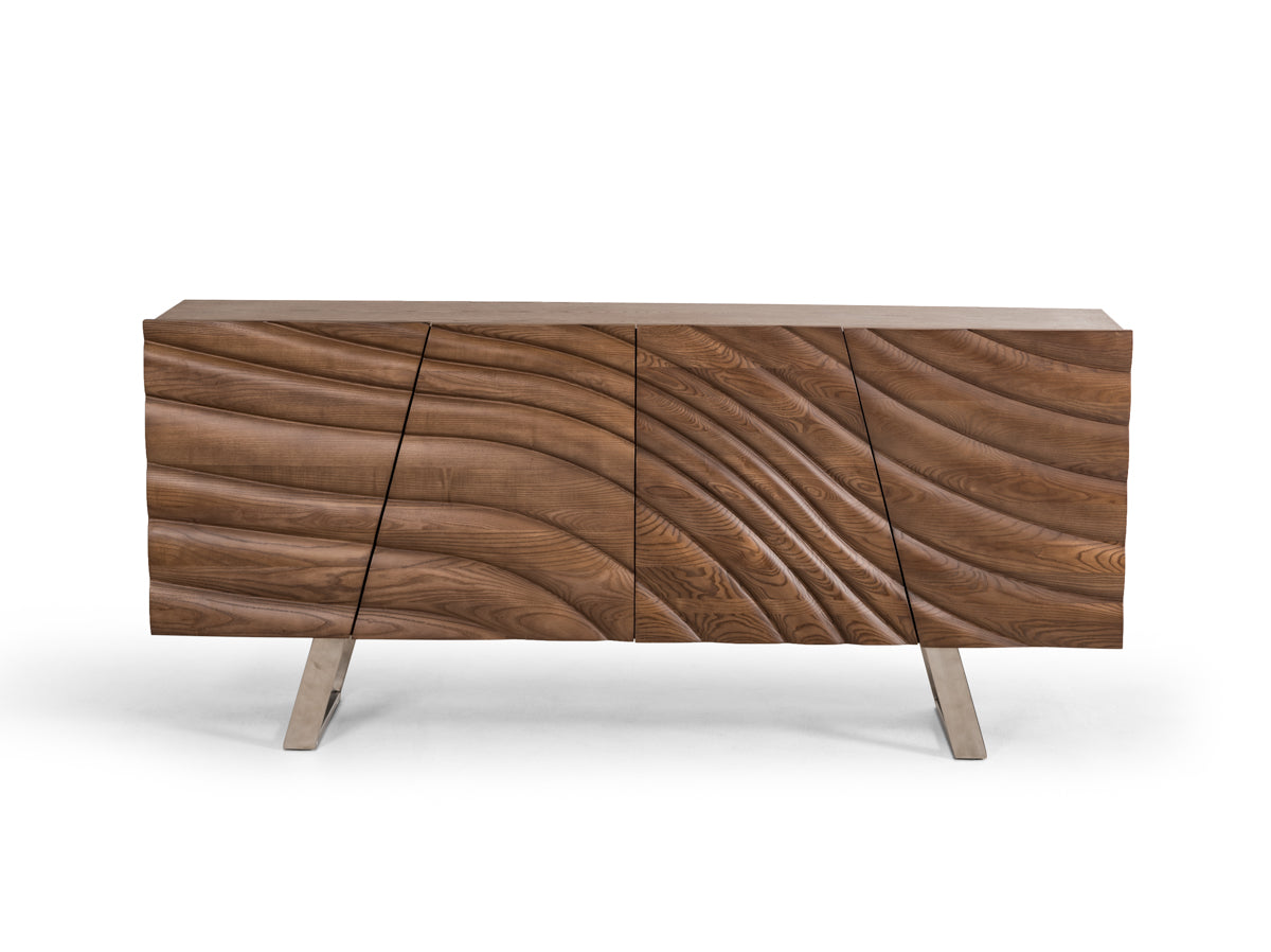 34" Walnut Wood  Veneer  and Steel Buffet