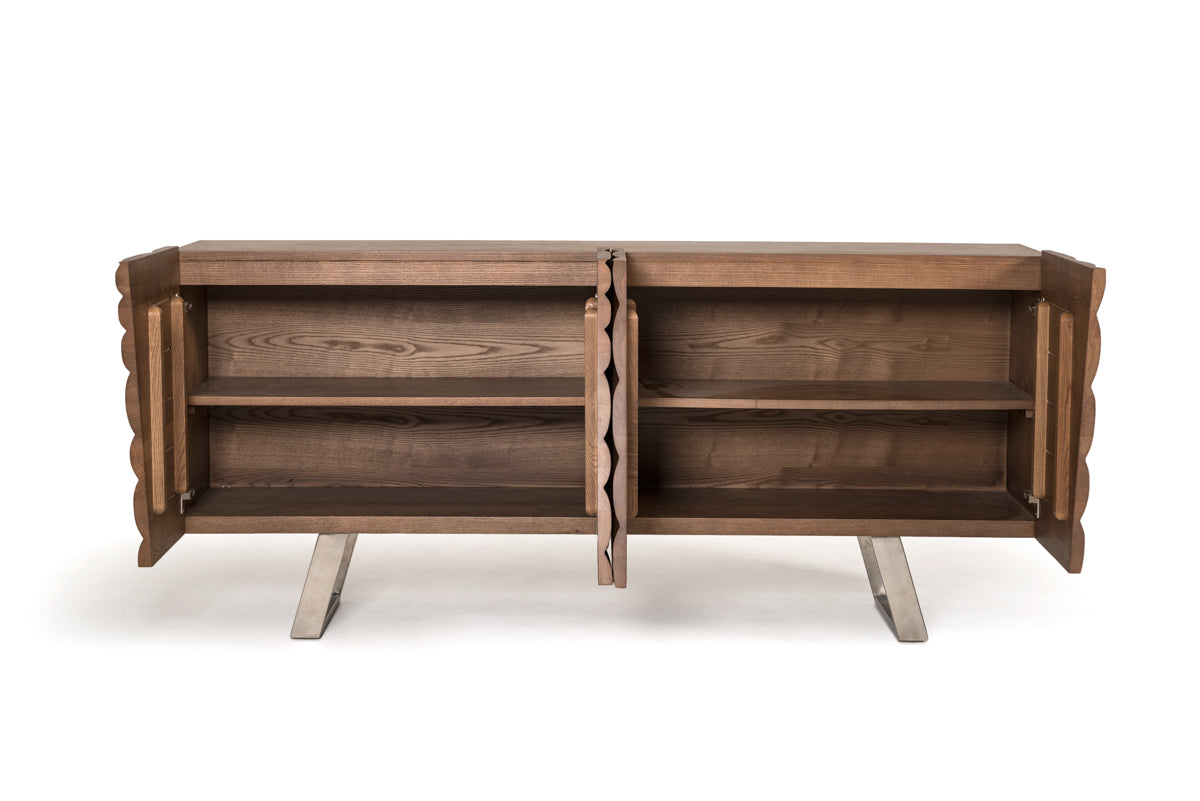 34" Walnut Wood  Veneer  and Steel Buffet