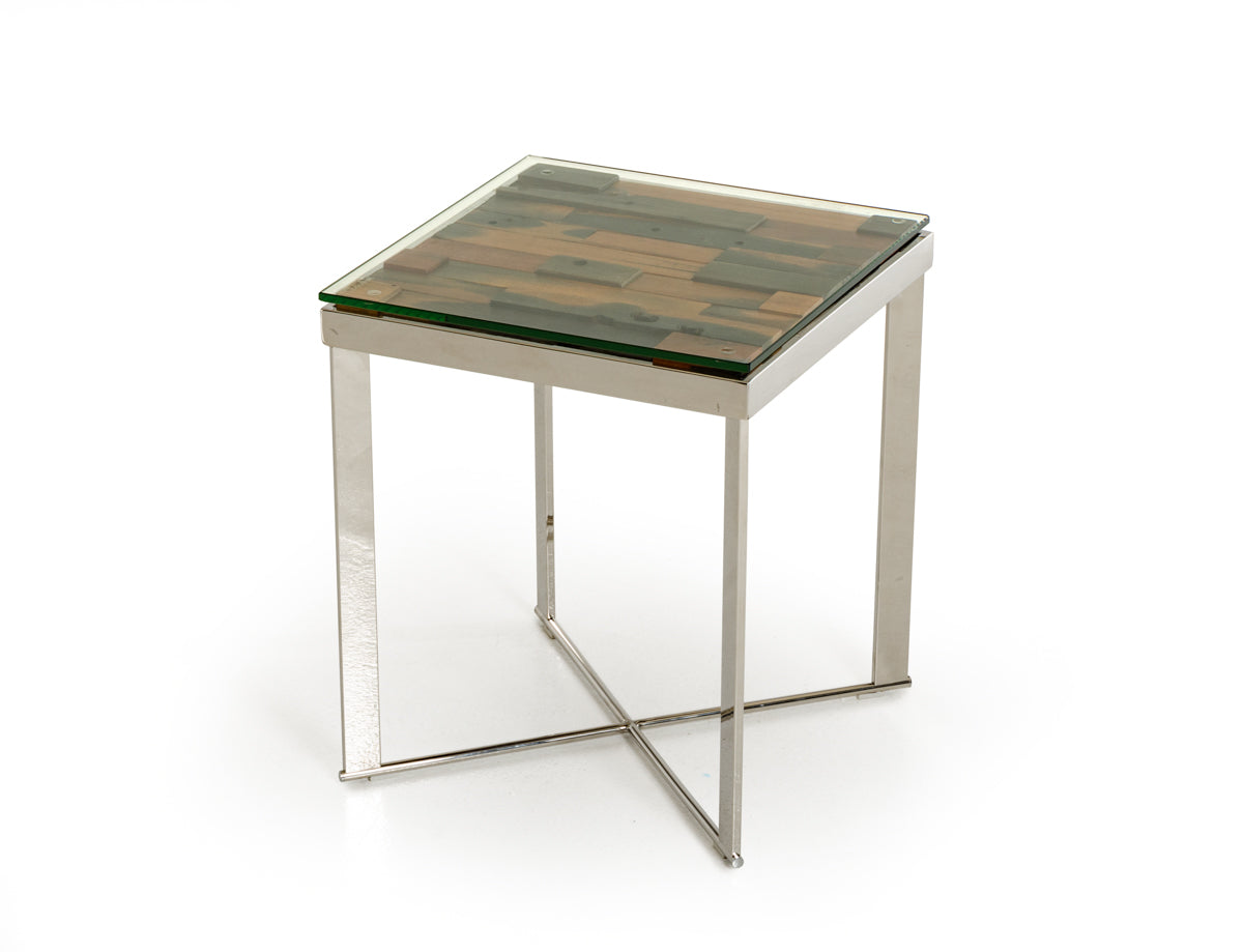 22" Mosaic Wood  Steel  and Glass End Table