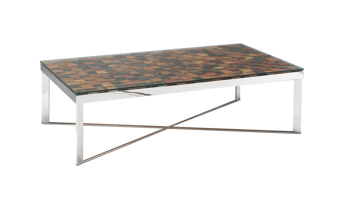 14" Mosaic Wood  Steel  and Glass Coffee Table