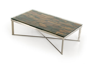 14" Mosaic Wood  Glass  and Steel Coffee Table