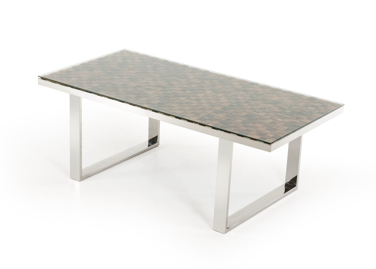 30" Wood Mosaic  Steel  and Glass Dining Table