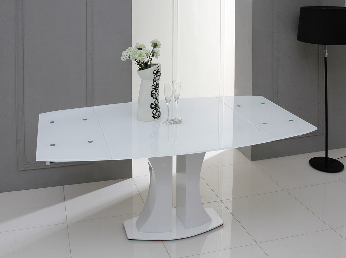 30" White Glass  MDF  and Steel Extendable Dining Table