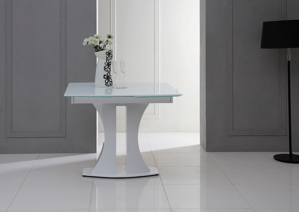 30" White Glass  MDF  and Steel Extendable Dining Table