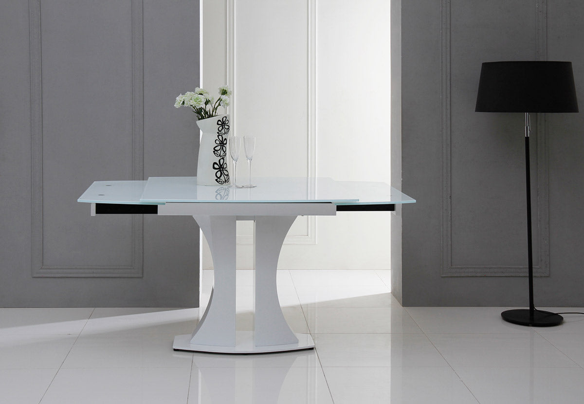 30" White Glass  MDF  and Steel Extendable Dining Table