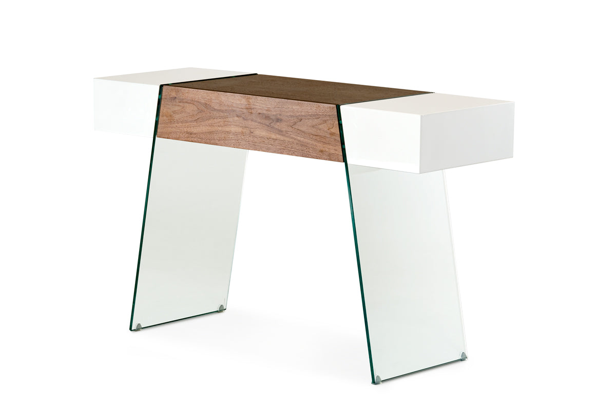 29" White and Walnut Veneer  MDF  and Glass Floating Console Table