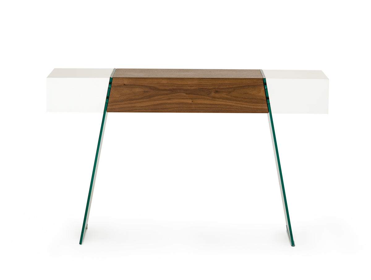 29" White and Walnut Veneer  MDF  and Glass Floating Console Table