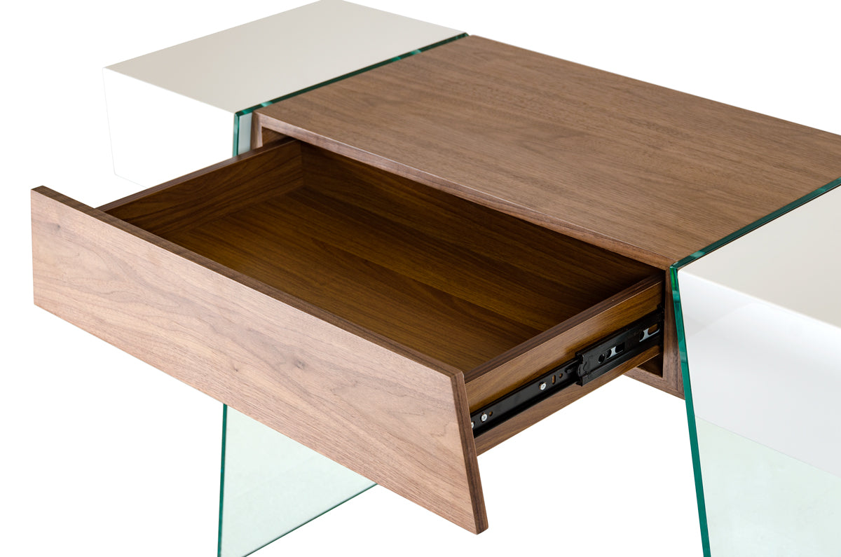 29" White and Walnut Veneer  MDF  and Glass Floating Console Table