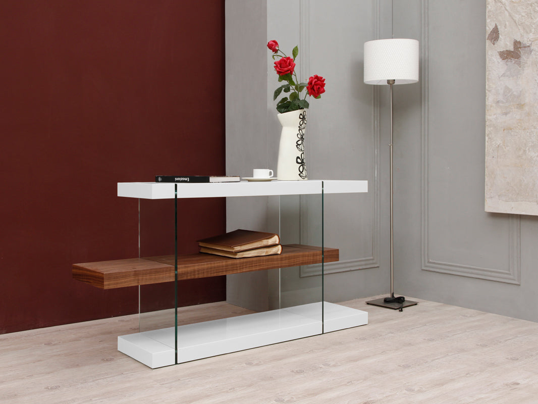 30" White and Walnut Veneer  MDF  and Glass Desk with Shelves