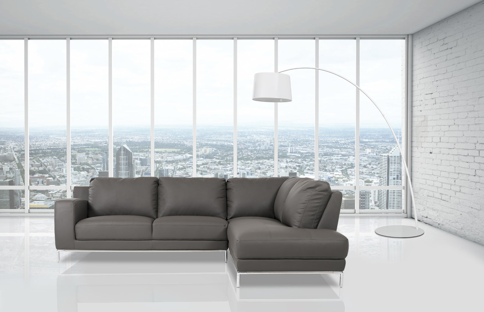 34" Grey Eco-Leather  Foam  Wood  and Steel Right Facing Chaise