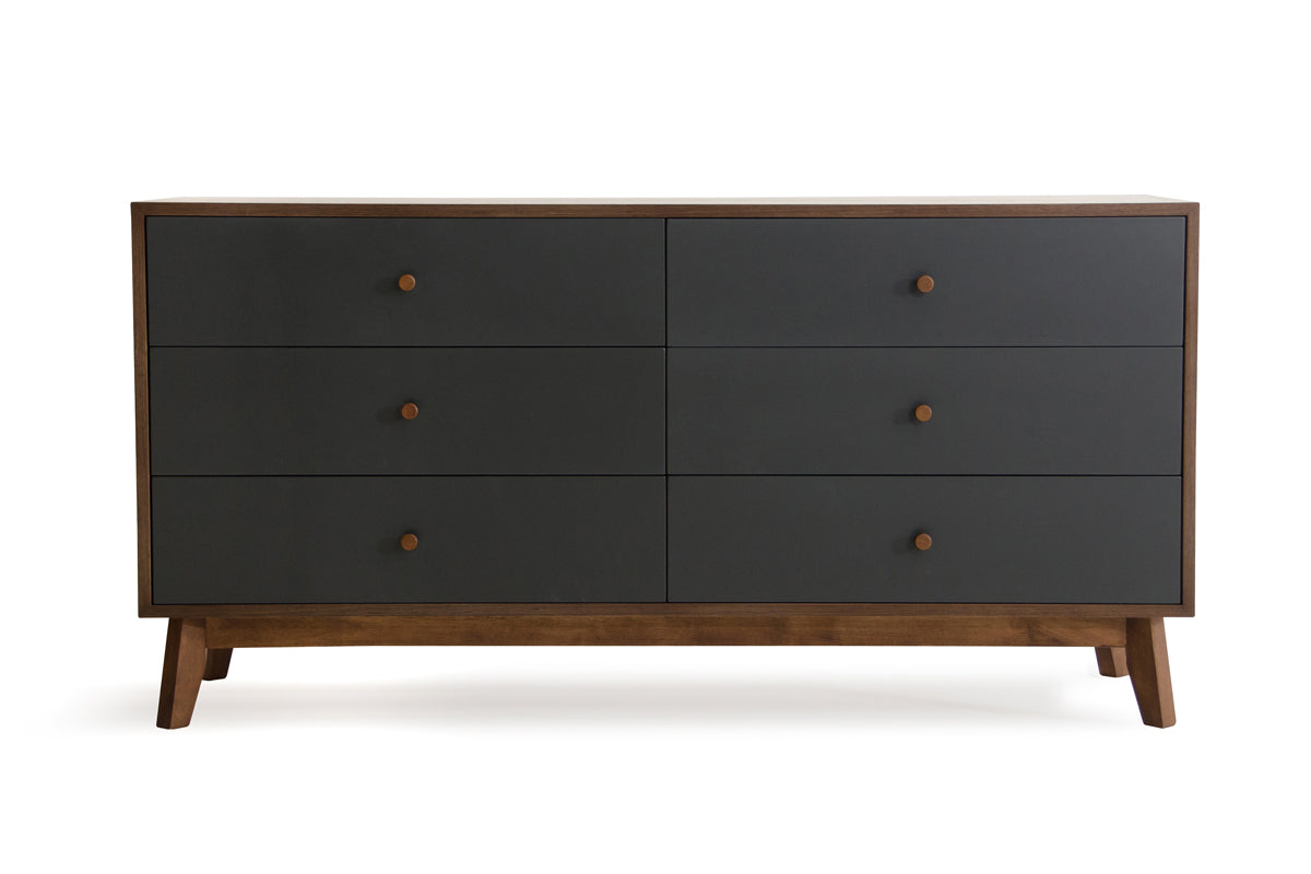 30" Grey and Walnut Veneer  MDF  and Wood Dresser with 6 Drawers
