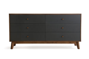30" Grey and Walnut Veneer  MDF  and Wood Dresser with 6 Drawers