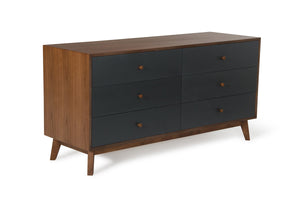 30" Grey and Walnut Veneer  MDF  and Wood Dresser with 6 Drawers