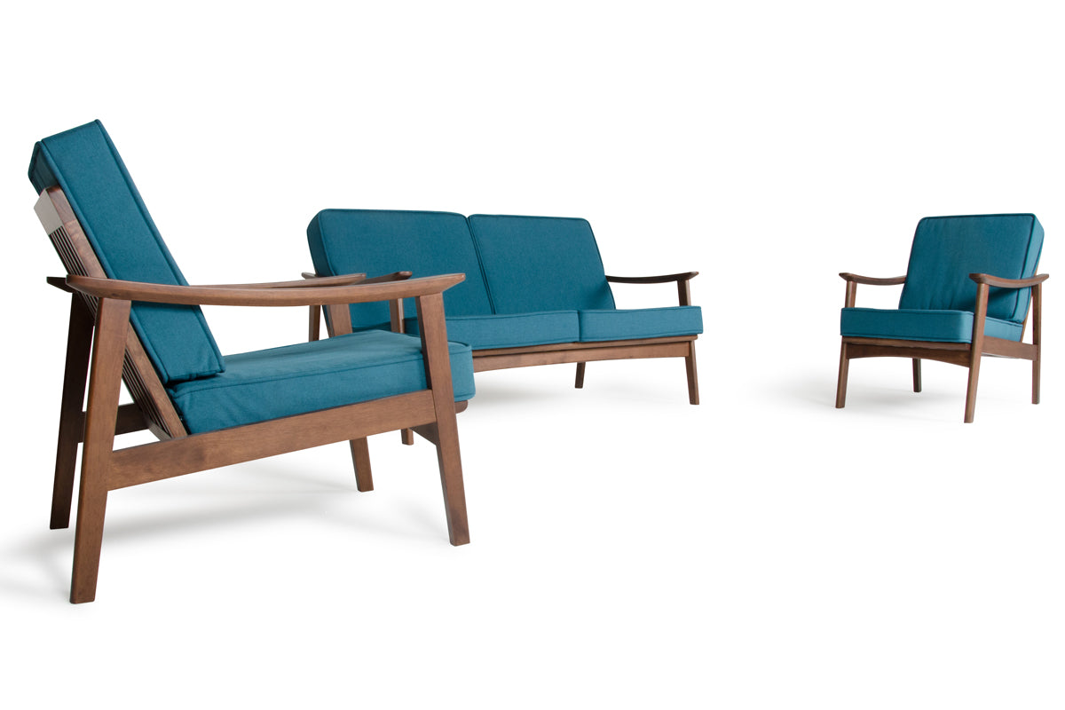 32" Blue and Walnut Wood and Linen Sofa Set