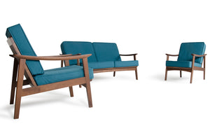 32" Blue and Walnut Wood and Linen Sofa Set