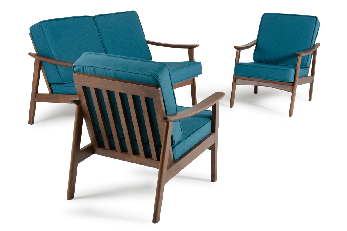 32" Blue and Walnut Wood and Linen Sofa Set