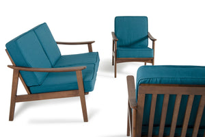 32" Blue and Walnut Wood and Linen Sofa Set