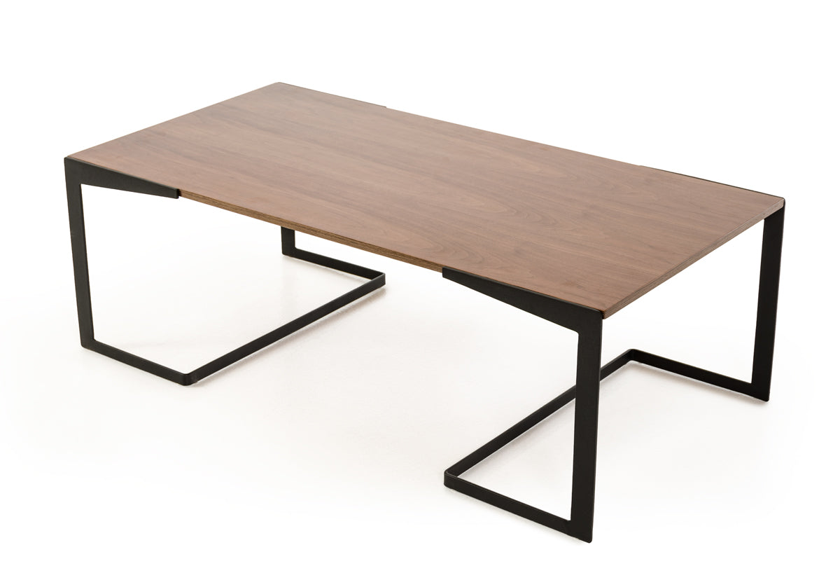 16" Walnut Veneer and Metal Coffee Table