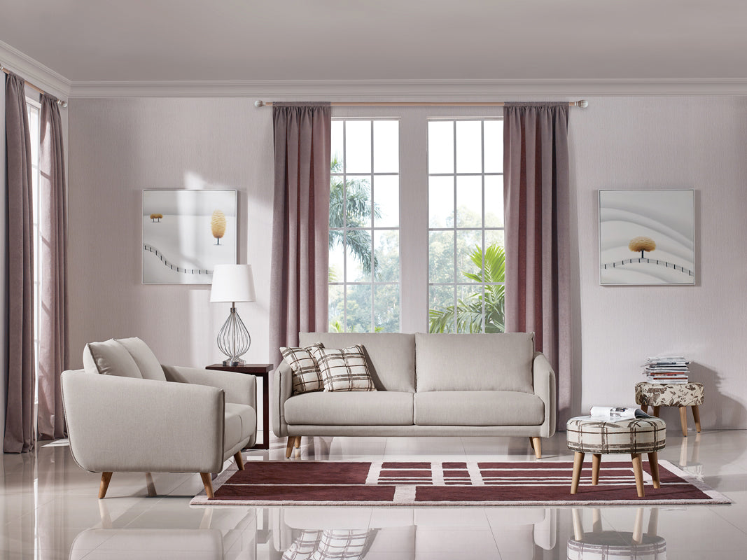 34" Beige Fabric  Foam  and Wood Sofa Set