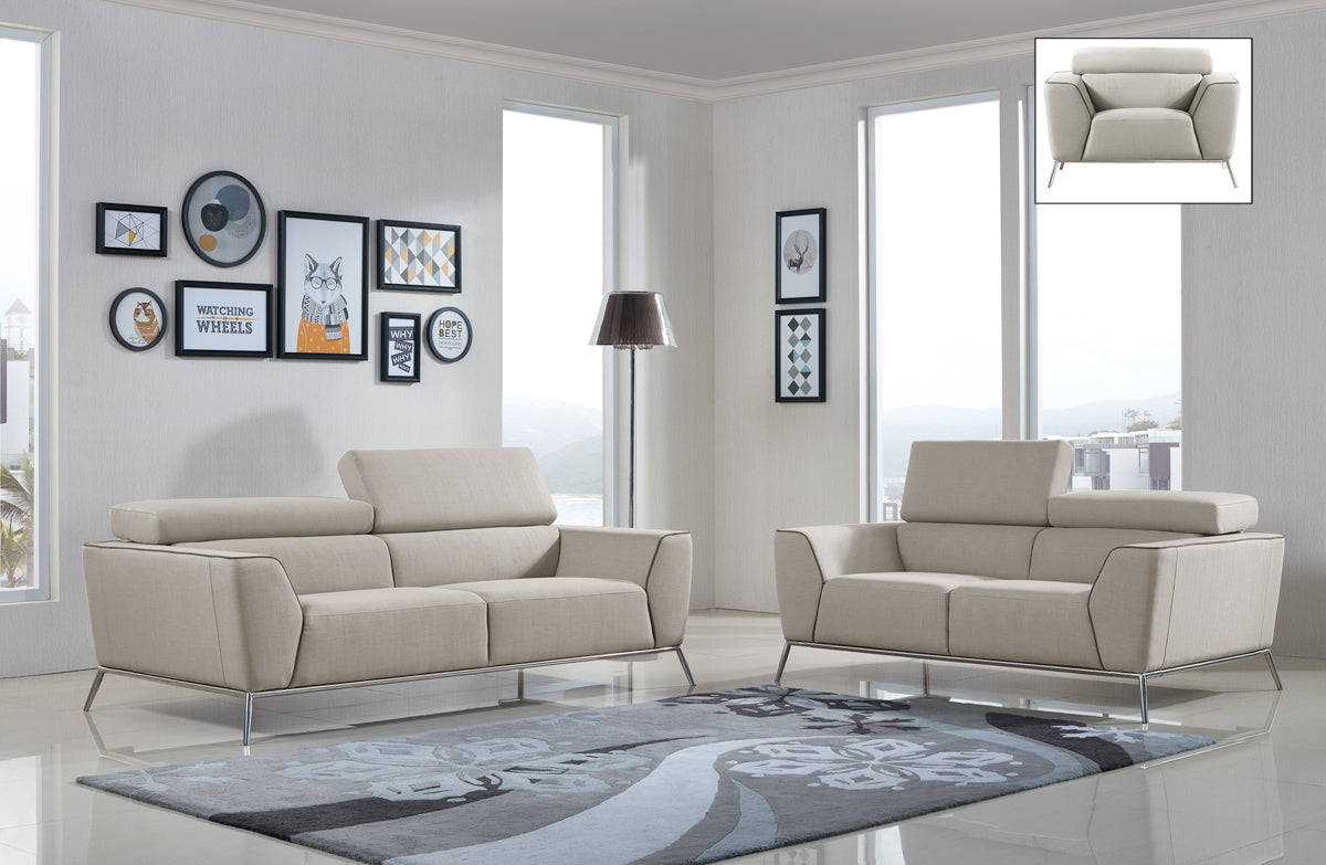 38" Beige and Brown Fabric  Foam  Steel  and Wood Sofa Set