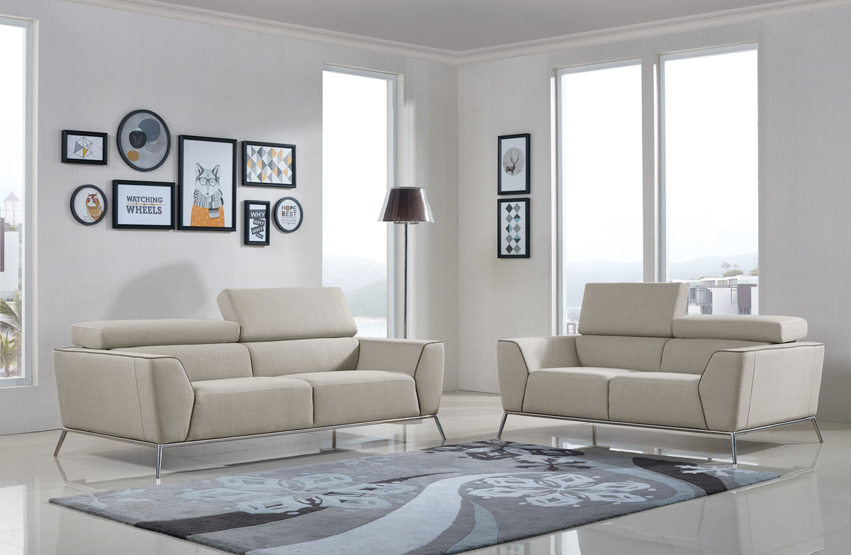 38" Beige and Brown Fabric  Foam  Steel  and Wood Sofa Set