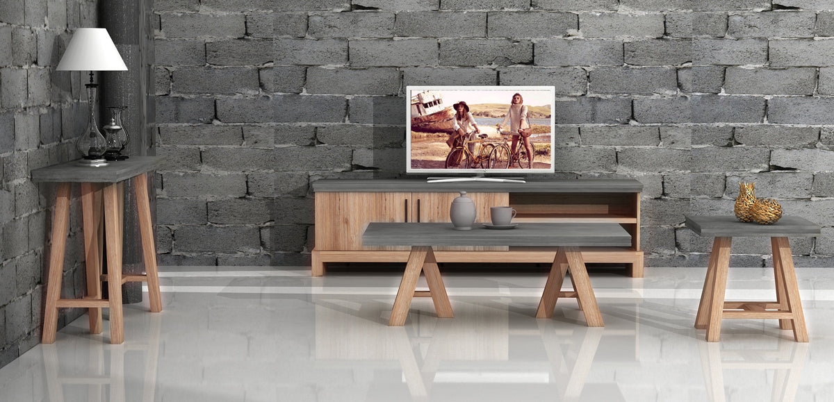 18" Concrete and Solid Acacia Wood Coffee Table