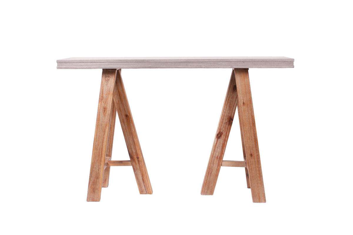 32" Concrete and Solid Acacia Wood Console Table