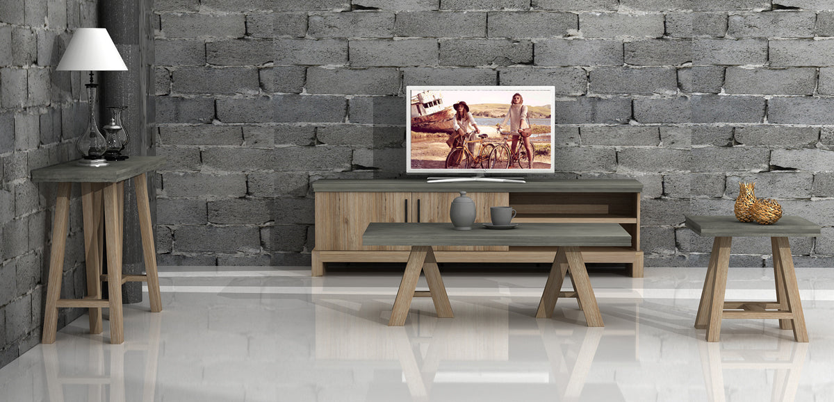 22" Concrete and Solid Acacia Wood End Table