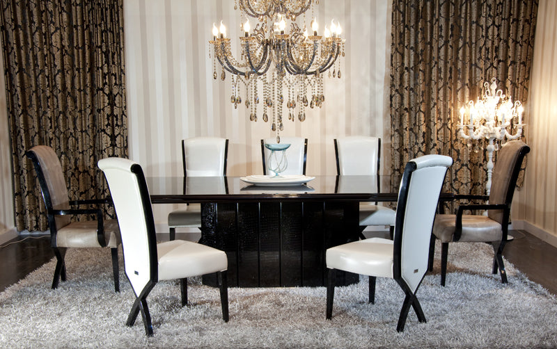 Two 43.5" White Leatherette and Black Wood Dining Chairs with X Shaped Rear Legs