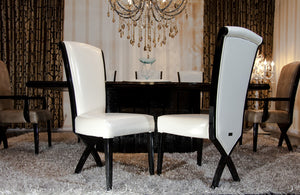 Two 43.5" White Leatherette and Black Wood Dining Chairs with X Shaped Rear Legs