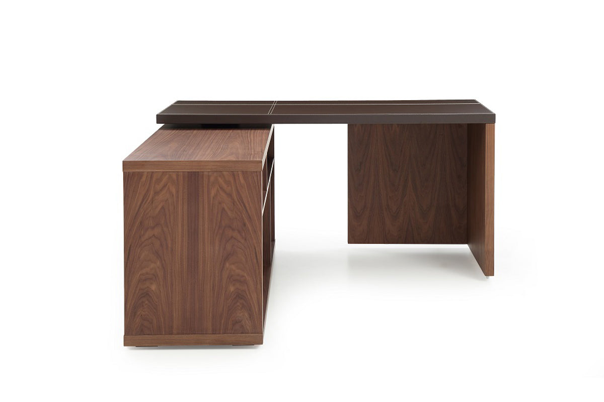 29" Walnut and Brown Veneer L-Shaped Desk with a Leather Top