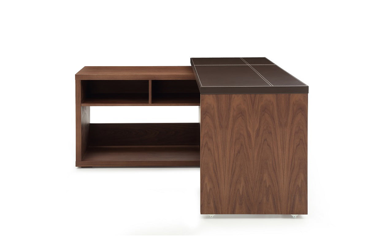 29" Walnut and Brown Veneer L-Shaped Desk with a Leather Top