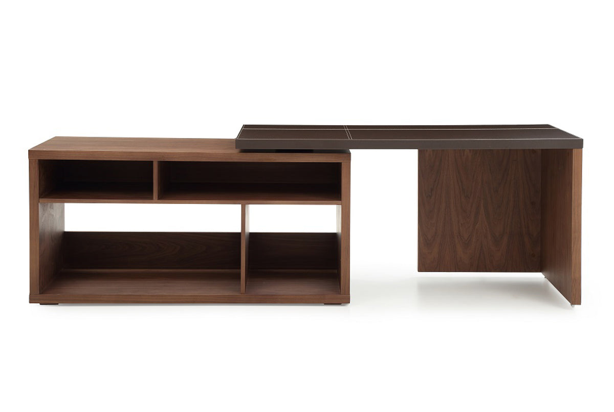 29" Walnut and Brown Veneer L-Shaped Desk with a Leather Top