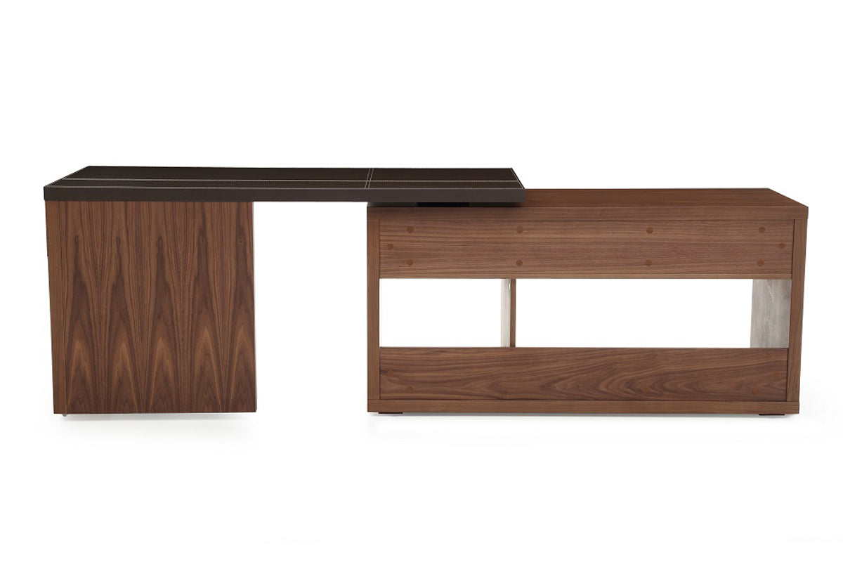 29" Walnut and Brown Veneer L-Shaped Desk with a Leather Top