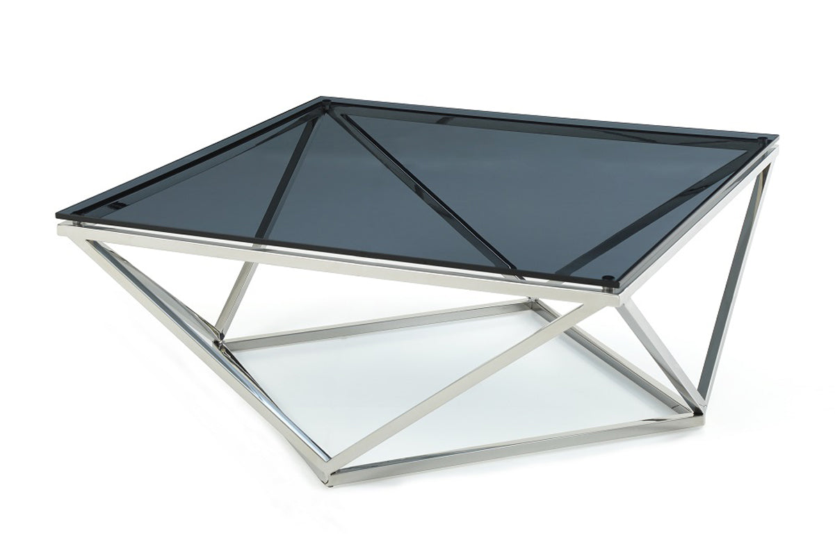 32" Smoked Glass and Stainless Steel Coffee Table