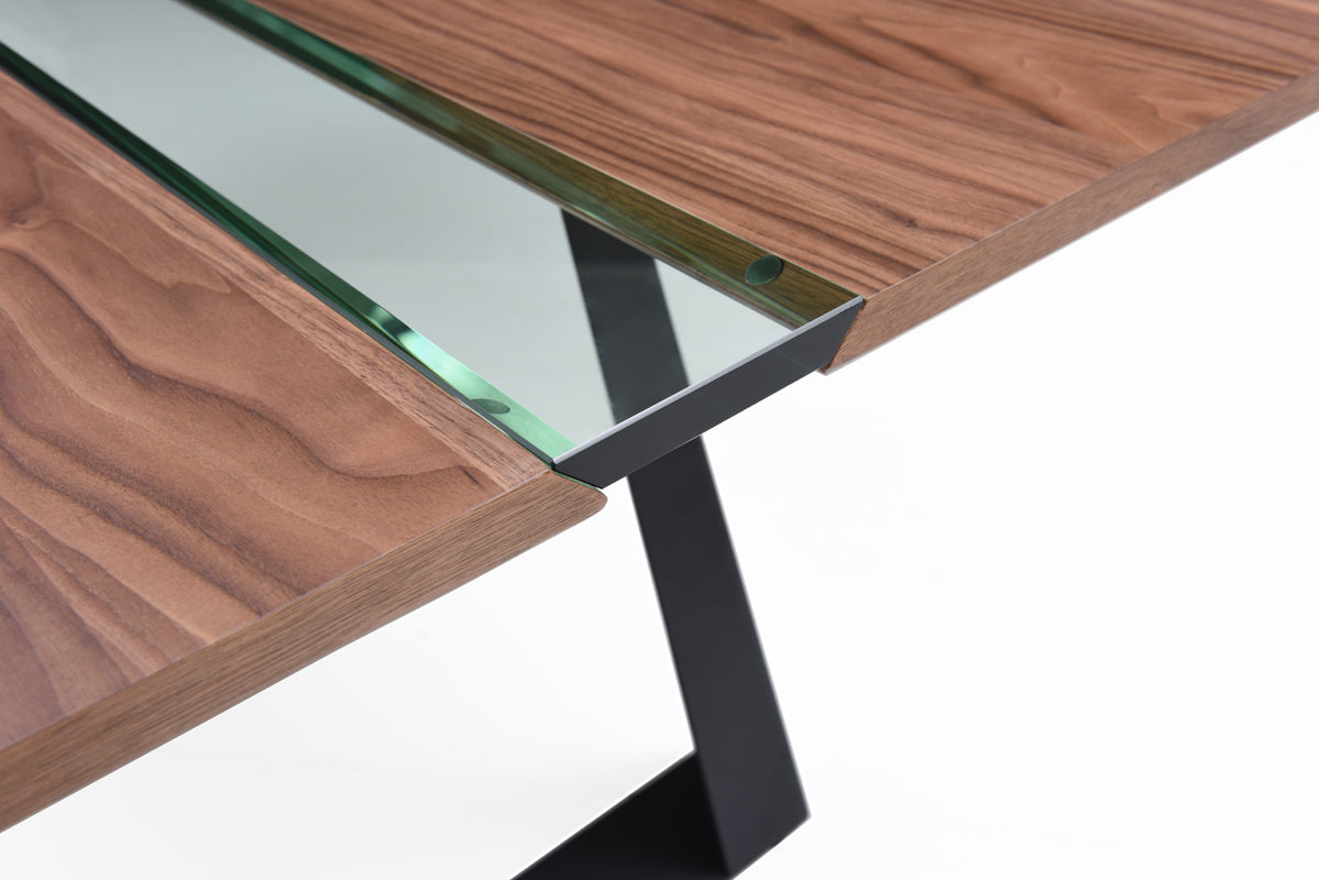 16" Walnut Veneer  Metal  and Glass Coffee Table