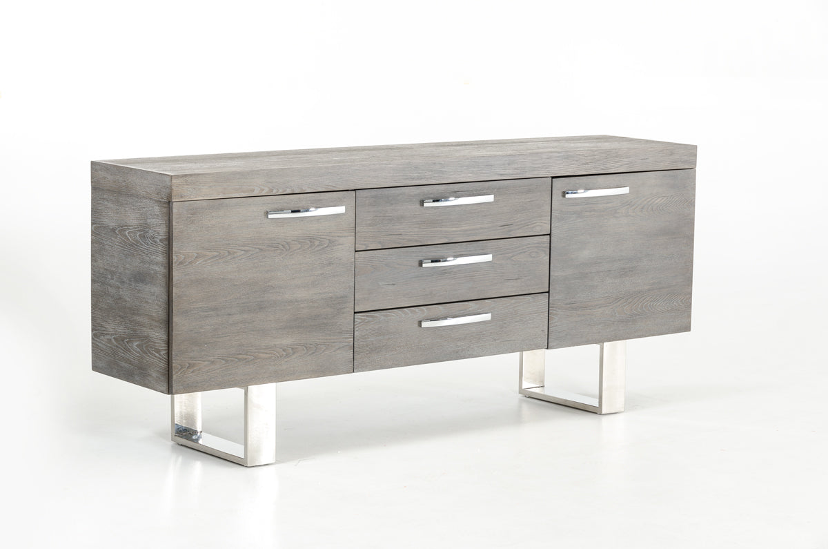 34" Grey Veneer and Steel Buffet with 3 Drawers and 2 Doors