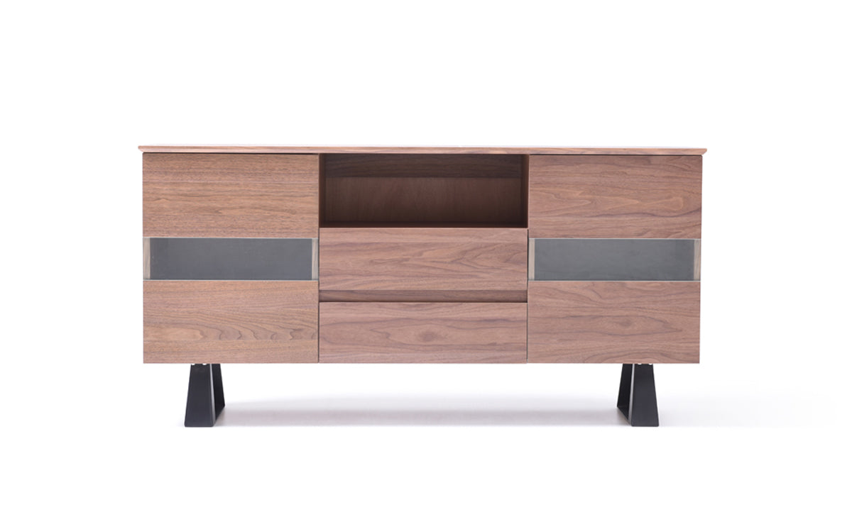 32" Walnut Veneer  Metal  and Glass Buffet